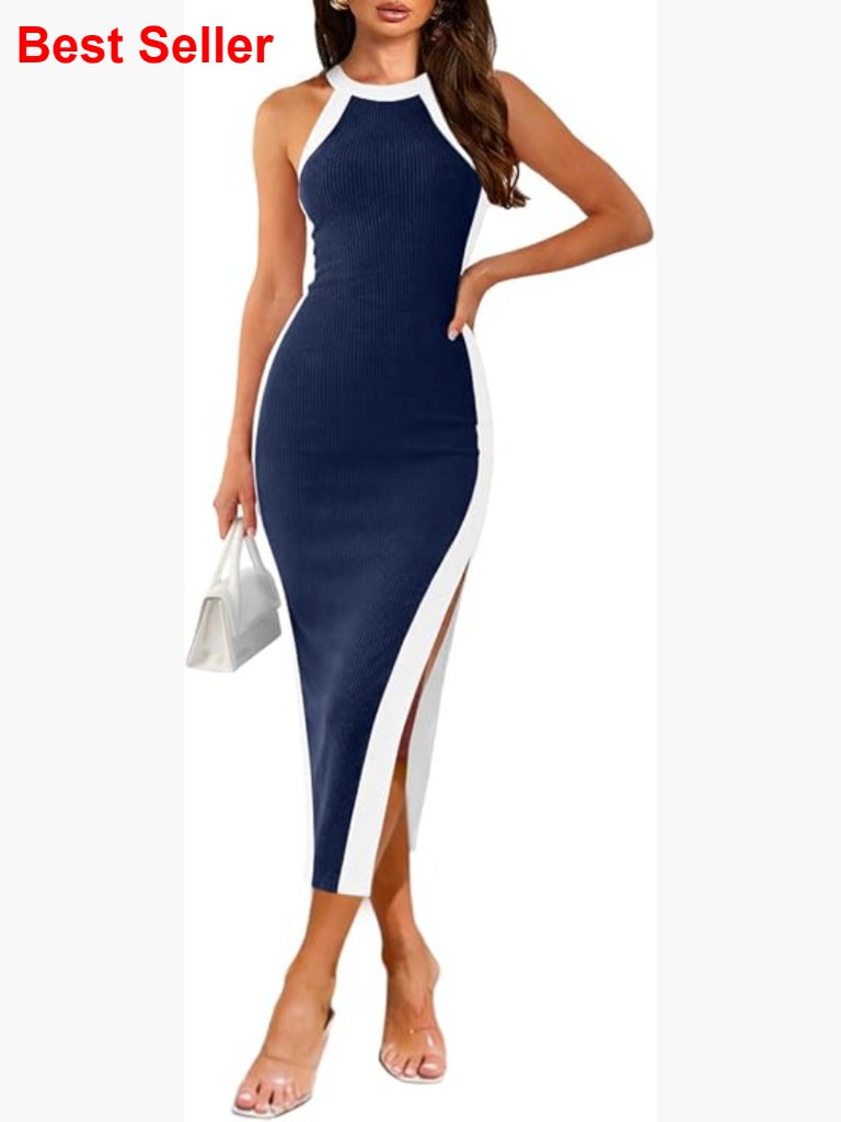 Sleeveless Halter Ribbed Knit Bodycon Midi Side Slit Dress